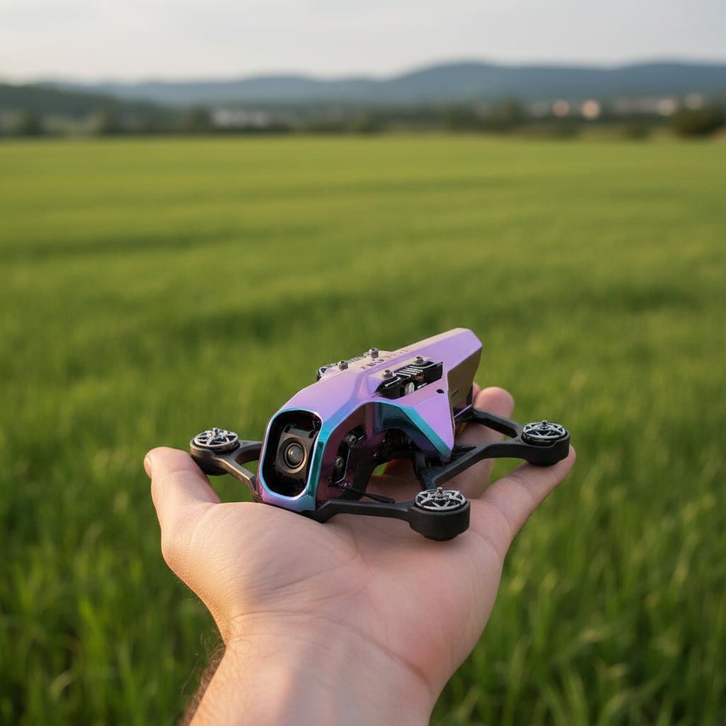 A compact, colorful RC quadcopter labeled 