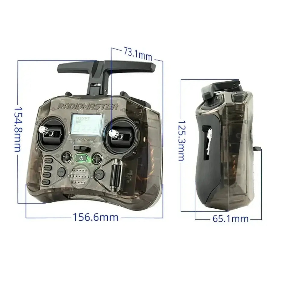 Two views of the HeadphoneHeat RadioMaster Pocket ELRS 2.4G FPV Controller, black, with LCD screen and control sticks. Labeled: 156.6mm width, 154.8mm height, 73.1mm handle width, 125.3mm depth, and 65.1mm side width.