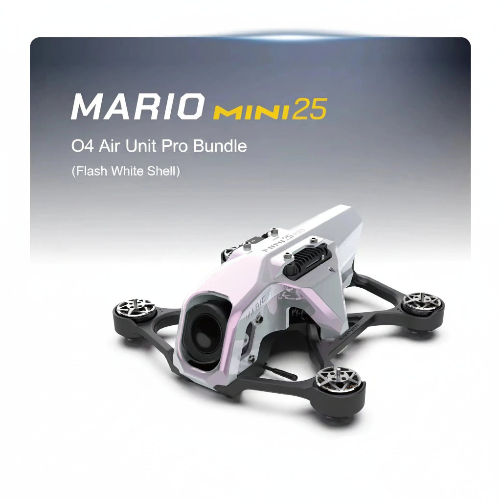 A compact white and purple RC Quadcopter racing drone, the HeadphoneHeat SpeedyBee Mario Mini25 PW, is shown on a gray background with soft lighting, app-controlled features, and Chinese text below.