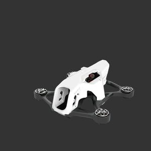 A white SpeedyBee Mario Mini25 PW RC Quadcopter frame by HeadphoneHeat is shown on a light gradient background, highlighting four propeller mounts. Product information appears in English and Chinese text.