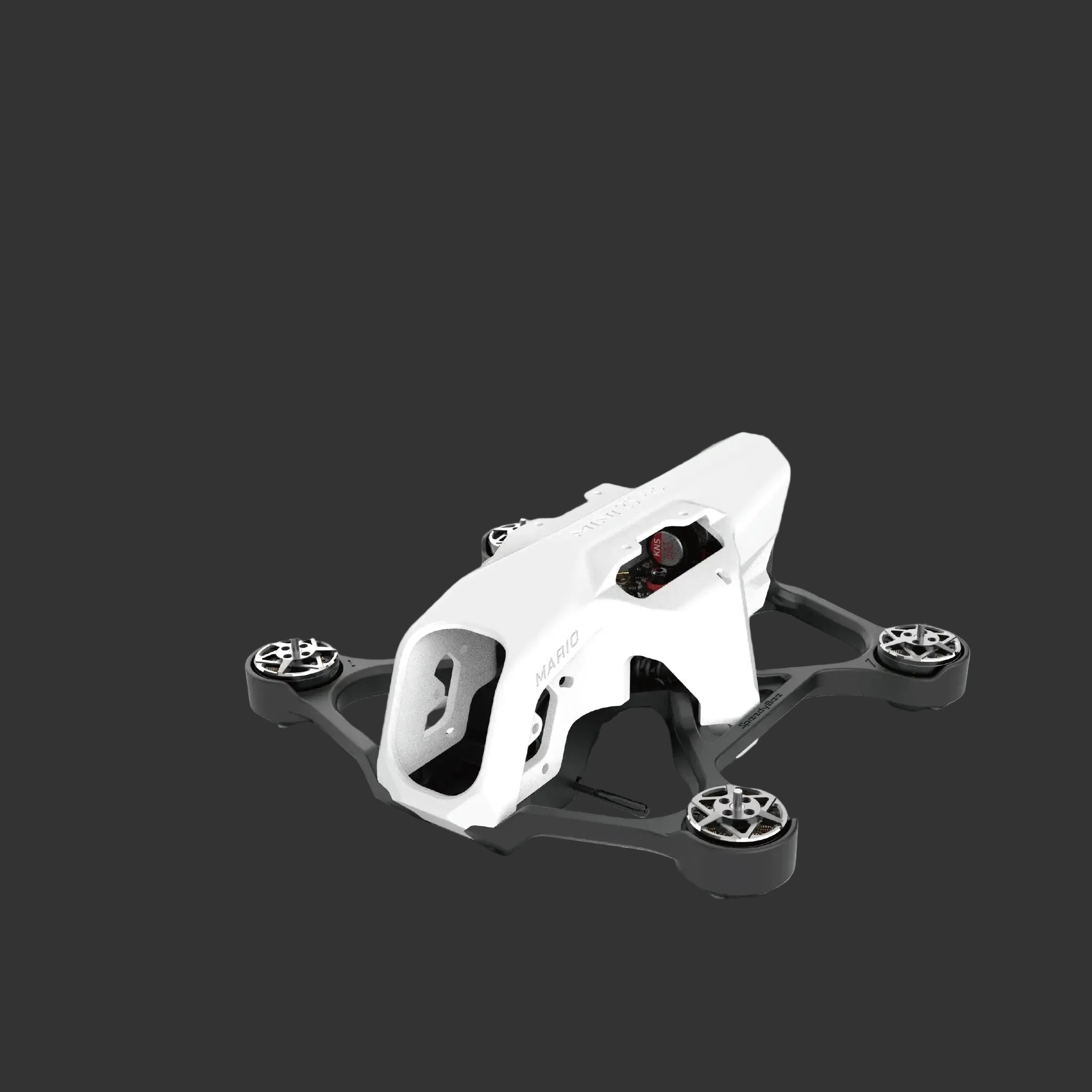 A white SpeedyBee Mario Mini25 PW RC Quadcopter frame by HeadphoneHeat is shown on a light gradient background, highlighting four propeller mounts. Product information appears in English and Chinese text.