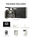 The image shows the contents of a HeadphoneHeat RadioMaster Pocket ELRS 2.4G FPV Controller package: compact RC transmitter, carry pouch, screen protector, four low tension springs, USB-C cable, sticker, and manual.