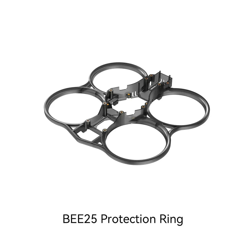 A black, circular SpeedyBee 25 Protection Ring / Carbon Plate by HeadphoneHeat with four drone propeller guards is shown on a white background. Ideal as replacement parts for added safety. 