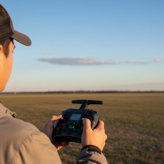 A transparent charcoal RadioMaster Pocket ELRS 2.4G FPV controller by HeadphoneHeat features dual joysticks, buttons, a small display screen, and "CC2500 Charcoal" in bold red at the bottom of this compact RC transmitter.