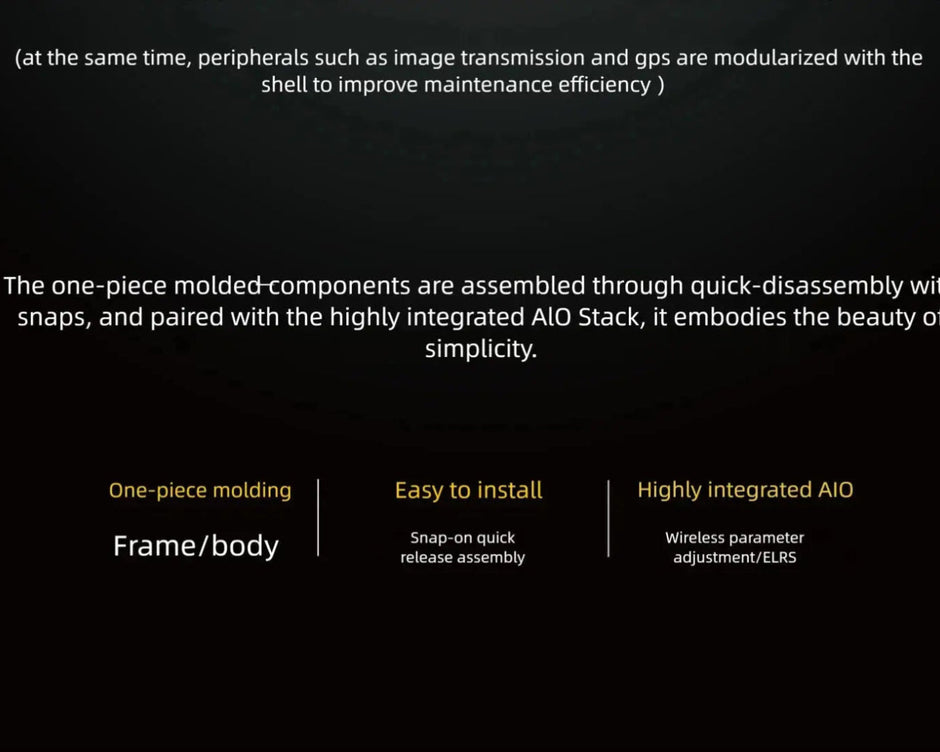 A dark-themed infographic showcases HeadphoneHeat’s SpeedyBee Mario Mini25 PW, featuring one-piece molded construction, easy snap-on assembly, and an integrated AIO stack—perfect for app-controlled devices with quick installation.