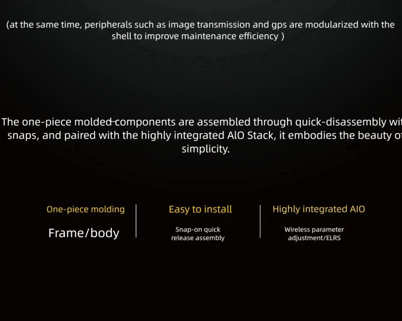 A dark-themed infographic showcases HeadphoneHeat’s SpeedyBee Mario Mini25 PW, featuring one-piece molded construction, easy snap-on assembly, and an integrated AIO stack—perfect for app-controlled devices with quick installation.