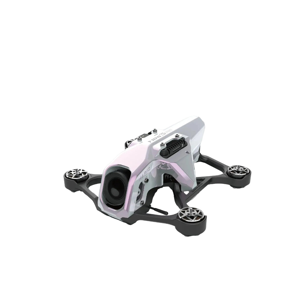 The HeadphoneHeat SpeedyBee Mario Mini25 PW is a compact racing drone with a white and pink body, shown angled forward as the O4 Air Unit Pro kit on a light background with Chinese text below.