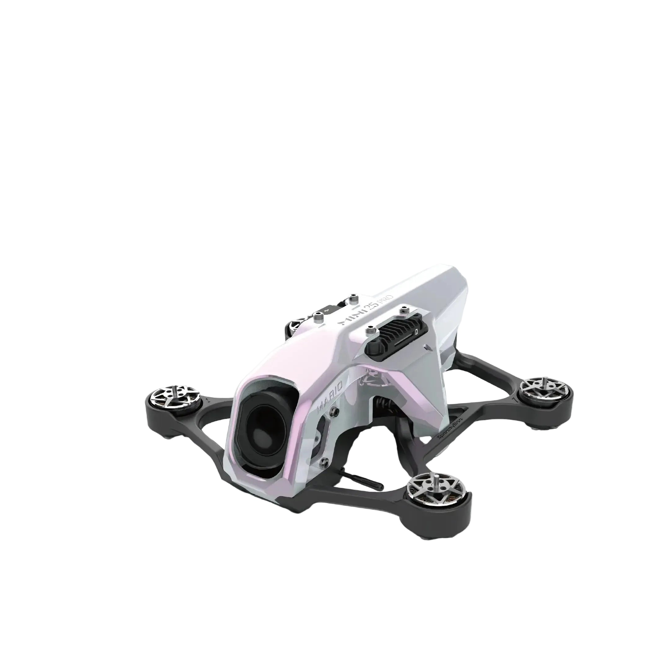The HeadphoneHeat SpeedyBee Mario Mini25 PW is a compact racing drone with a white and pink body, shown angled forward as the O4 Air Unit Pro kit on a light background with Chinese text below.