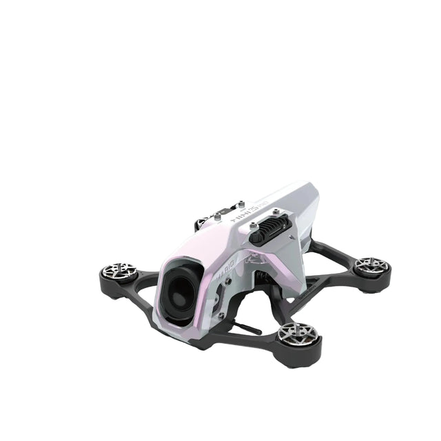 The HeadphoneHeat SpeedyBee Mario Mini25 PW is a compact racing drone with a white and pink body, shown angled forward as the O4 Air Unit Pro kit on a light background with Chinese text below.