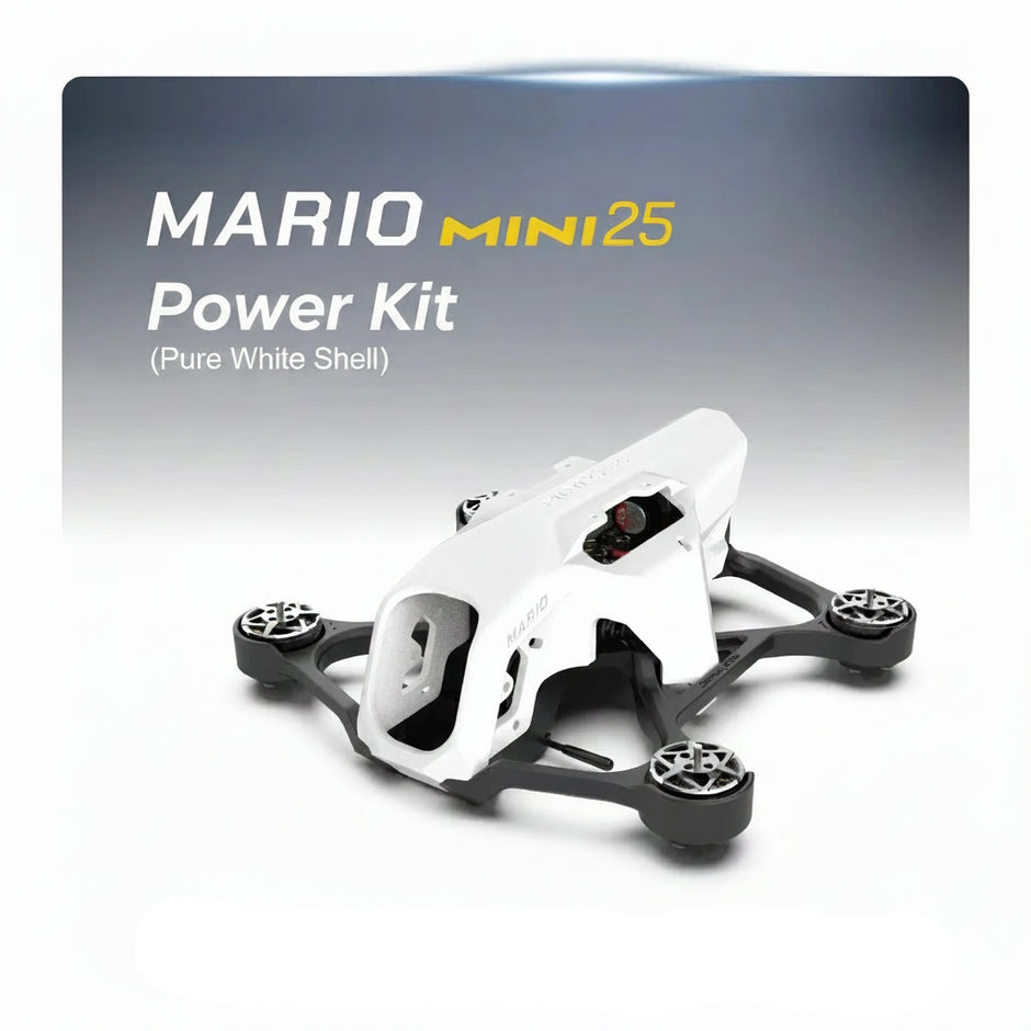 A white SpeedyBee Mario Mini25 PW racing drone frame by HeadphoneHeat is shown against a gradient background, featuring its RC Quadcopter design, with Chinese text and a small note below the drone.