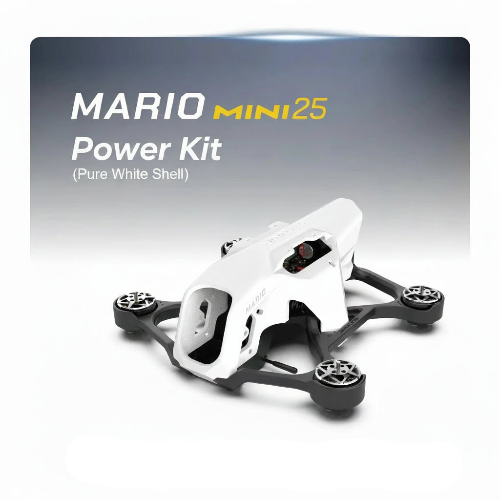 A white SpeedyBee Mario Mini25 PW racing drone frame by HeadphoneHeat is shown against a gradient background, featuring its RC Quadcopter design, with Chinese text and a small note below the drone.