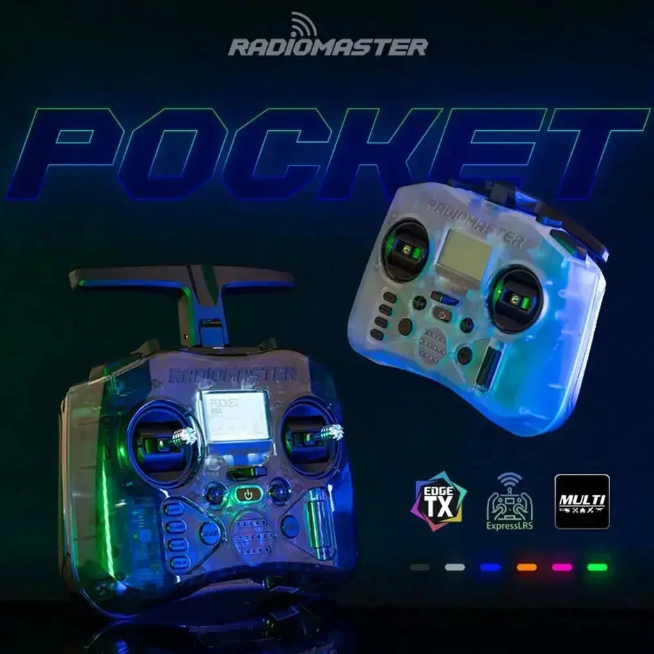 Two compact HeadphoneHeat RadioMaster Pocket ELRS 2.4G FPV Controllers are shown—one upright and one angled with glowing LEDs. EdgeTX, ExpressLRS, and Multi Protocol logos appear at the bottom.