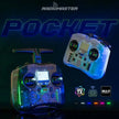 Two compact HeadphoneHeat RadioMaster Pocket ELRS 2.4G FPV Controllers are shown—one upright and one angled with glowing LEDs. EdgeTX, ExpressLRS, and Multi Protocol logos appear at the bottom.