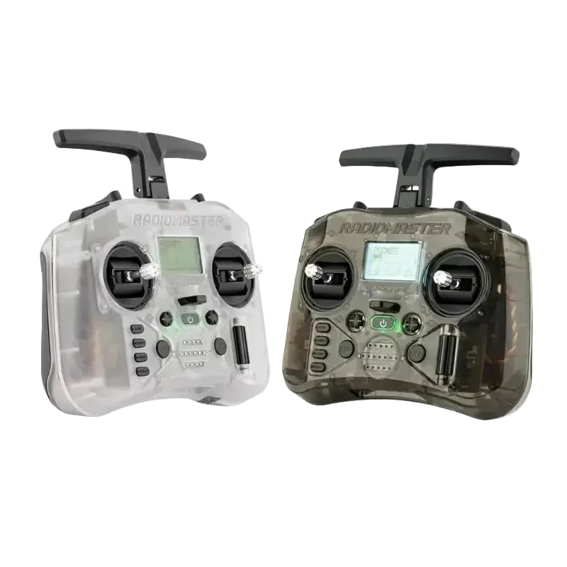 Two HeadphoneHeat RadioMaster Pocket ELRS 2.4G FPV Controllers are shown: one in transparent white, one in smoky black. 