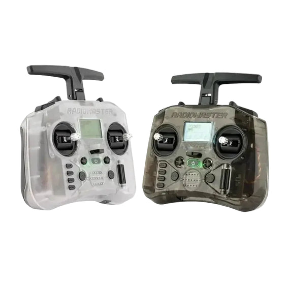Two HeadphoneHeat RadioMaster Pocket ELRS 2.4G FPV Controllers are shown: one in transparent white, one in smoky black. "HeadphoneHeat | AliExpress," "BUY NOW," and "100% ORIGINAL" text appear on a blue and white background.