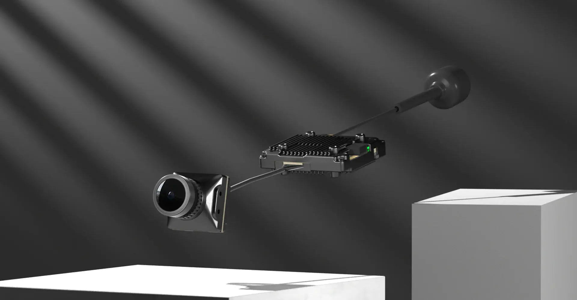 The HeadphoneHeat WalkSnail Avatar Pro Night Vision Edition HD, a compact black camera module with lens and circuit board, floats between white platforms under dramatic lighting, featuring built-in gyro hardware for enhanced stability.