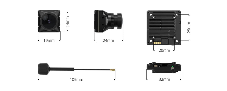 The HeadphoneHeat WalkSnail Avatar Pro Night Vision Edition HD camera is shown from several angles with these dimensions: front (19x14mm), side (24mm), rear (25x20mm), antenna (105mm), width (32mm), plus built-in gyro hardware for stability.