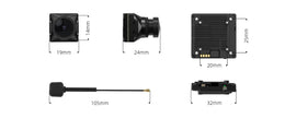 The HeadphoneHeat WalkSnail Avatar Pro Night Vision Edition HD camera is shown from several angles with these dimensions: front (19x14mm), side (24mm), rear (25x20mm), antenna (105mm), width (32mm), plus built-in gyro hardware for stability.