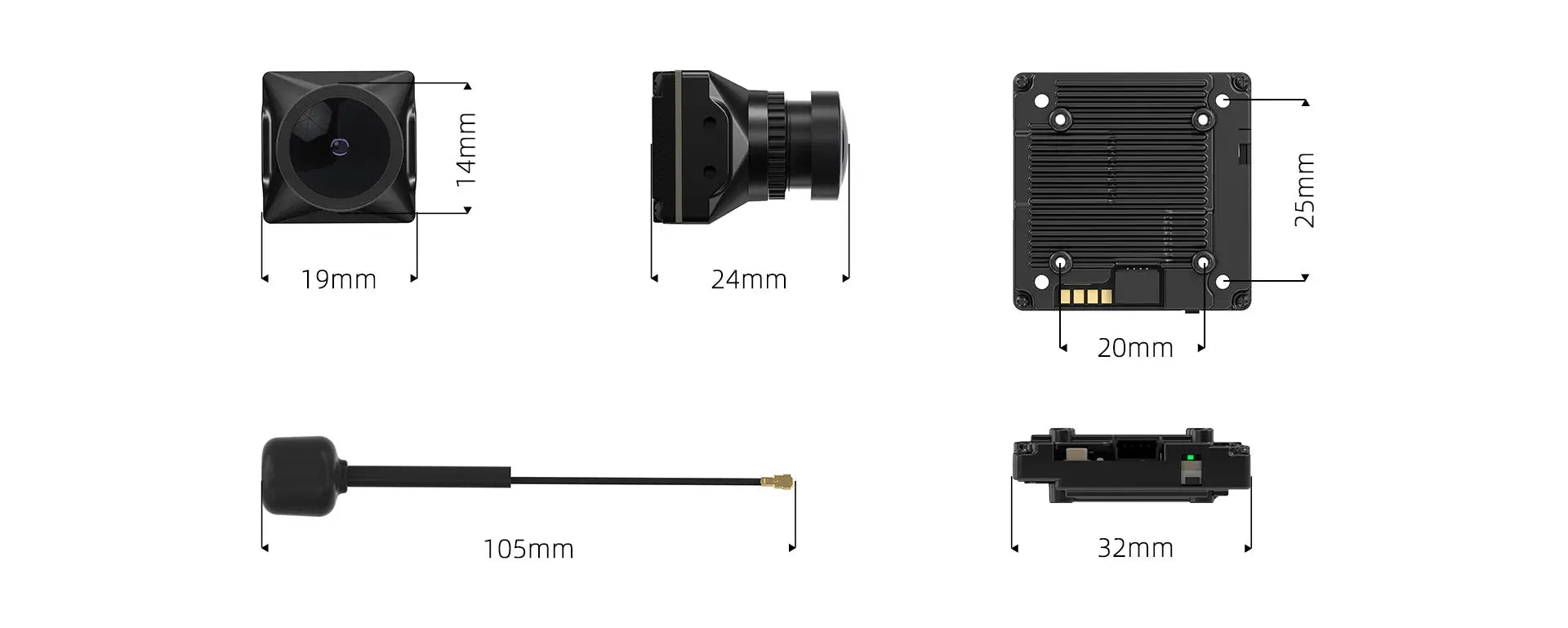 The HeadphoneHeat WalkSnail Avatar Pro Night Vision Edition HD camera is shown from several angles with these dimensions: front (19x14mm), side (24mm), rear (25x20mm), antenna (105mm), width (32mm), plus built-in gyro hardware for stability.